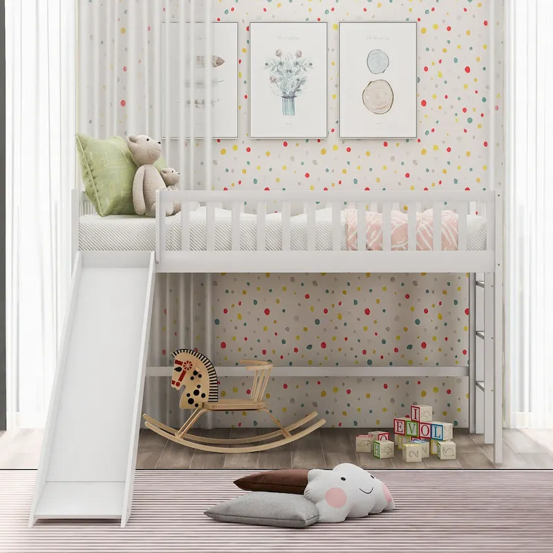 Twin Size Wood Low Loft Bed with Removable Slide and Ladder for Kids