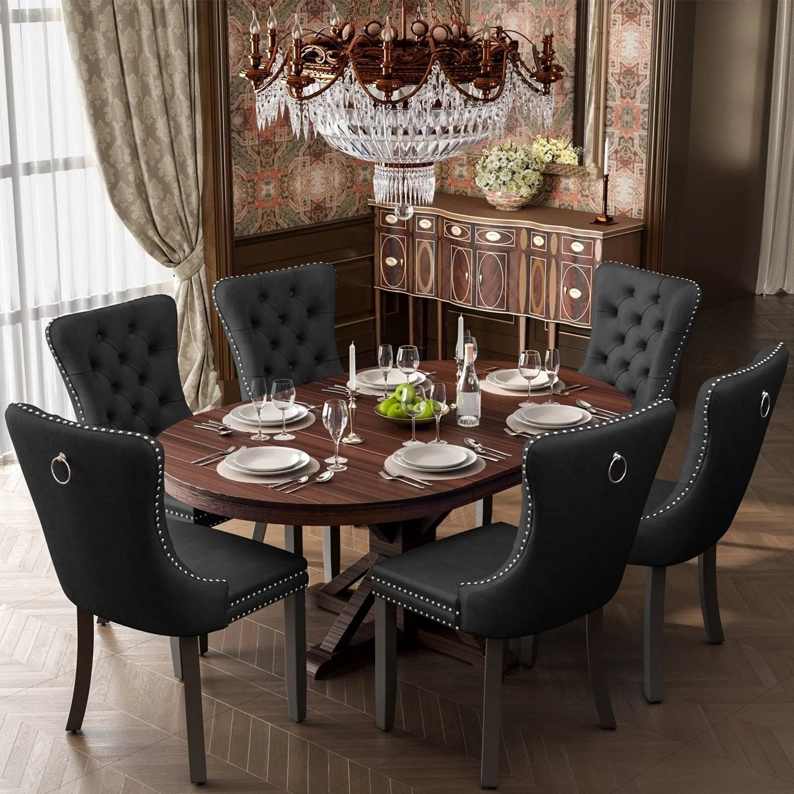 Upholstered Tufted Velvet Dining Chair with Solid Wood Legs Set of 6