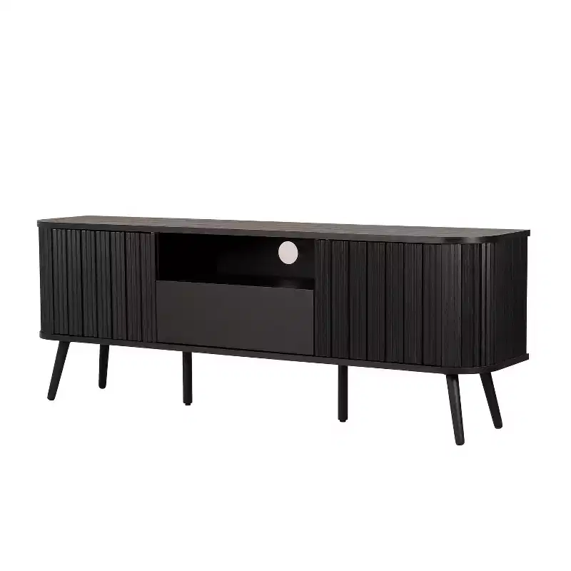 JONATHAN Y TVS1001A Damien 70 in. Farmhouse Curved TV Stand with Drawer and Storage Doors Fits TVs up to 75 in. with Cable Management