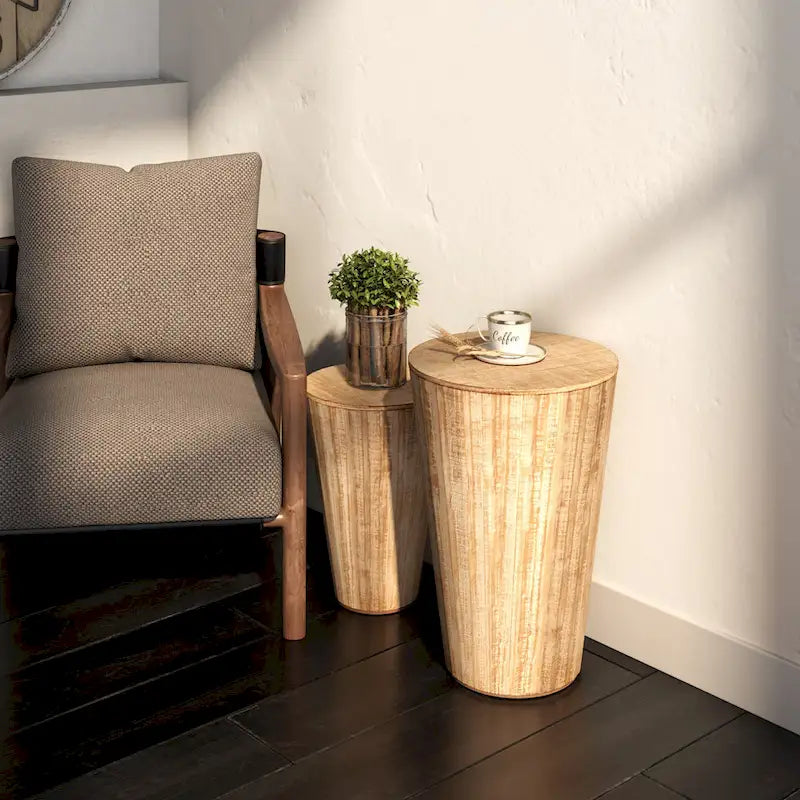 COZAYH Farmhouse Nesting Barrel Side Table, Rustic Space Saving Storage End Table Set, Natural Distressed Finish