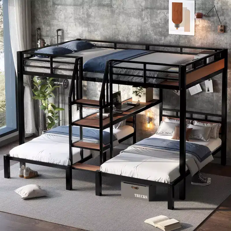 Bellemave Bunk Bed with Storage Shelves and Storage Stairs,Triple Metal Bunk Bed Frame for Kids,Teens and Adults,Black
