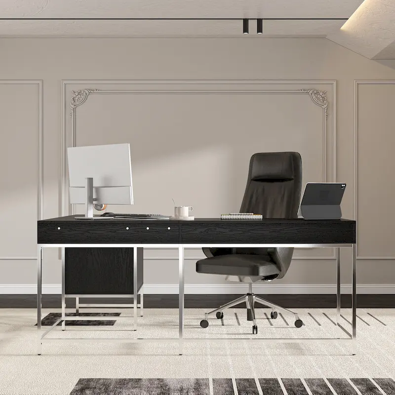 L-Shaped Black Wood Grain Office Desk with 5 Drawers and Steel Frame