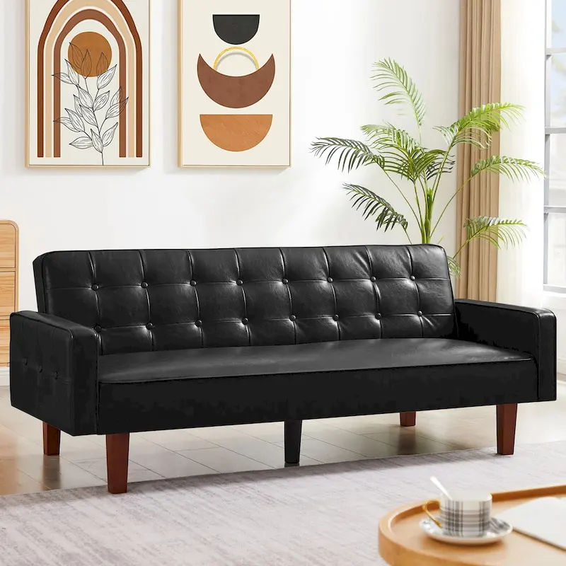 PU Futon Sofa Couch for Living Room Convertible Faux Leather Upholstered Futon Sleeper Sofa Bed Channel Tufted Bedroom Futons