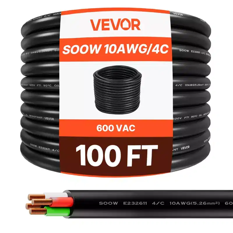 VEVOR 100 FT 10AWG Portable Power Cable (4 Conductor), Heavy Duty 600V SOOW Electrical Power Cable, Industrial Grade Electric Wire, Black