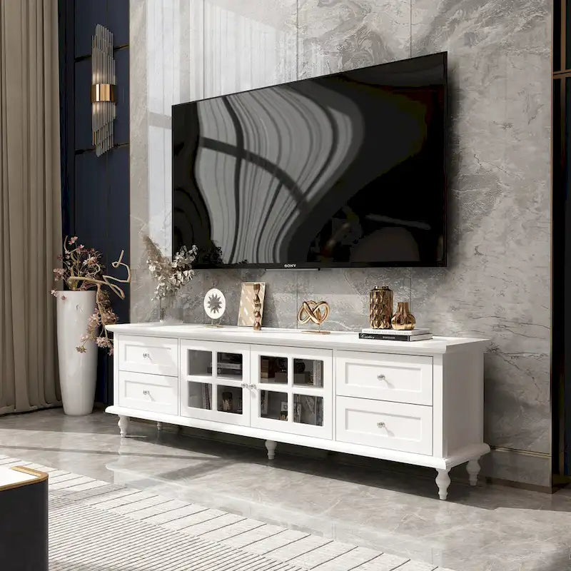 70.9-Inch TV Stand – White, Modern Style, Tempered Glass Doors & 4 Drawers