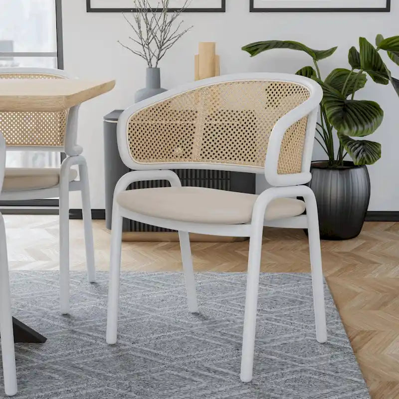 Dining Arm Chair – Grey / Beige / White / Black, Velvet Seat, Rattan Back, Powder-Coated Steel Legs, Mid-Century Modern Style, Seats 1