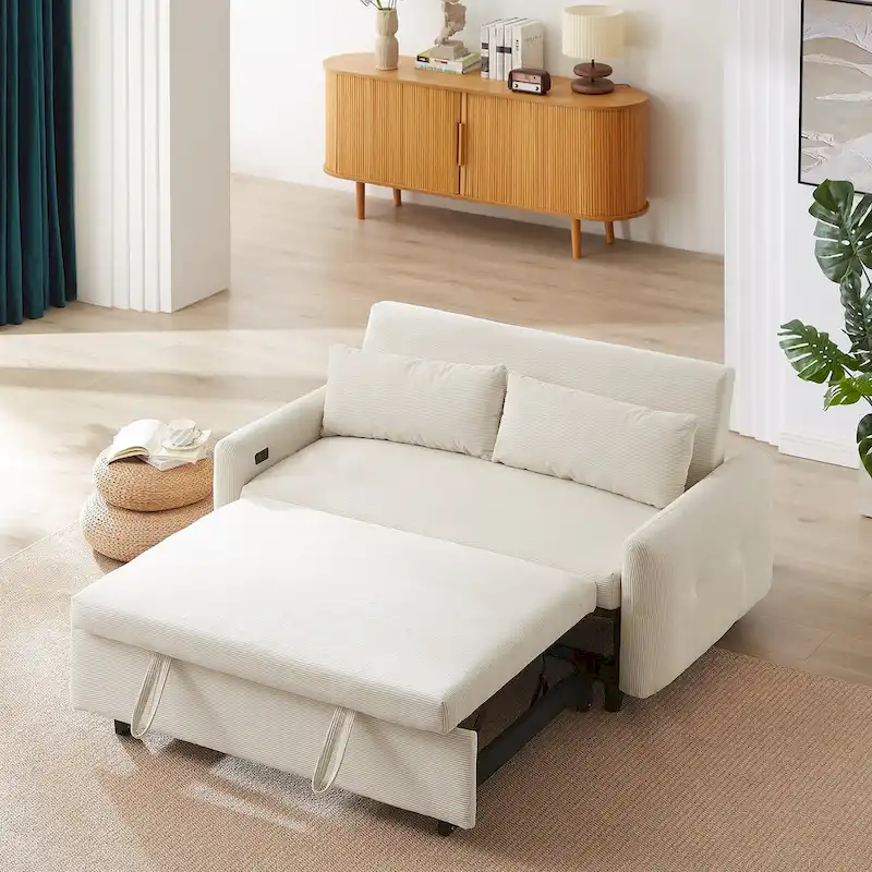 Roomfitters Pull-Out Sofa Bed Convertible 2-Seat Loveseat with Throw Pillows and USB Ports, Modern Sleeper Sofa, Beige