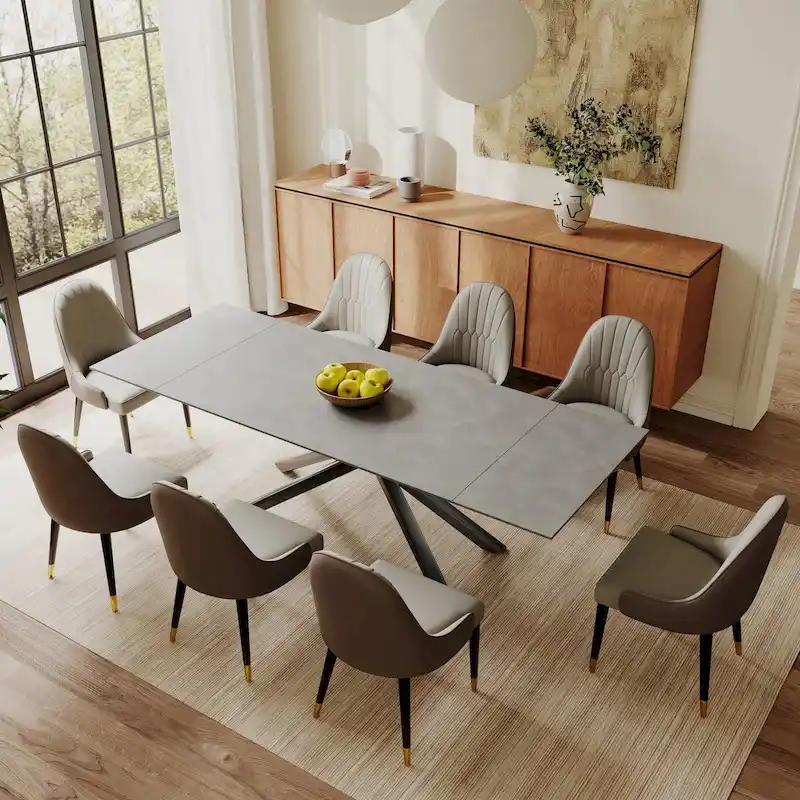 9 - Piece Extendable Rectangular Sintered Stone Cross Legs Dining Set With 8 Chairs