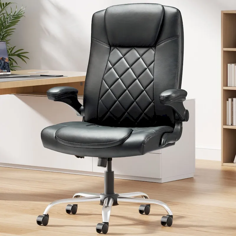 Black PU Leather Swivel Office Chair with Flip-Up Arms, Lumbar Support & Adjustable Height