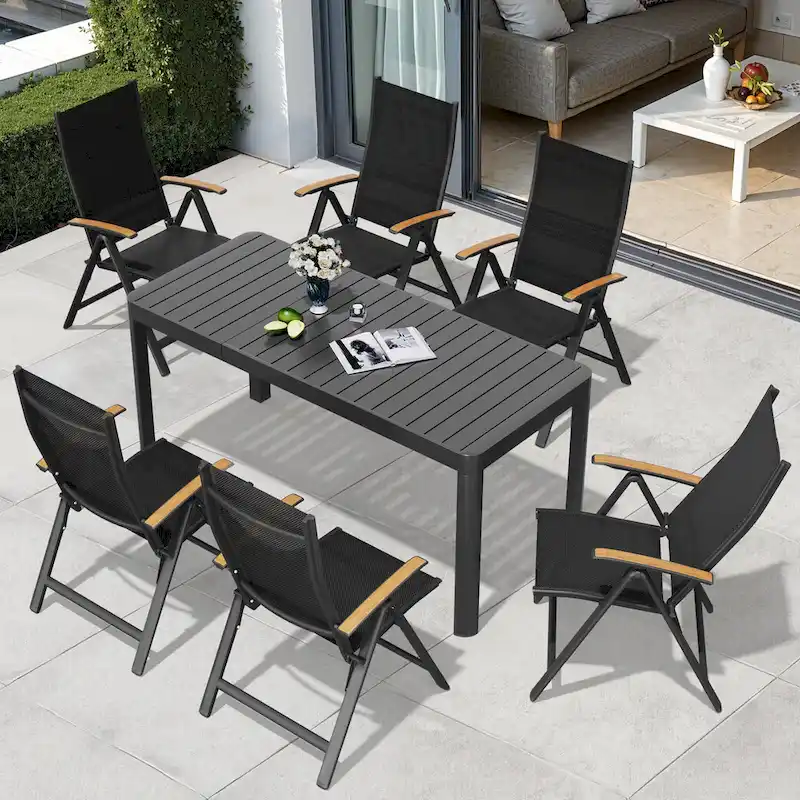 7pc Outdoor Dining Table Aluminum Extendable Table with Folding Chair - N/A