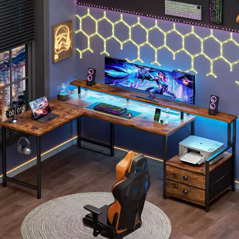 66" L-Shaped Gaming Desk with RGB LED, Charging Station, 2 Drawers & Monitor Stand – Brown