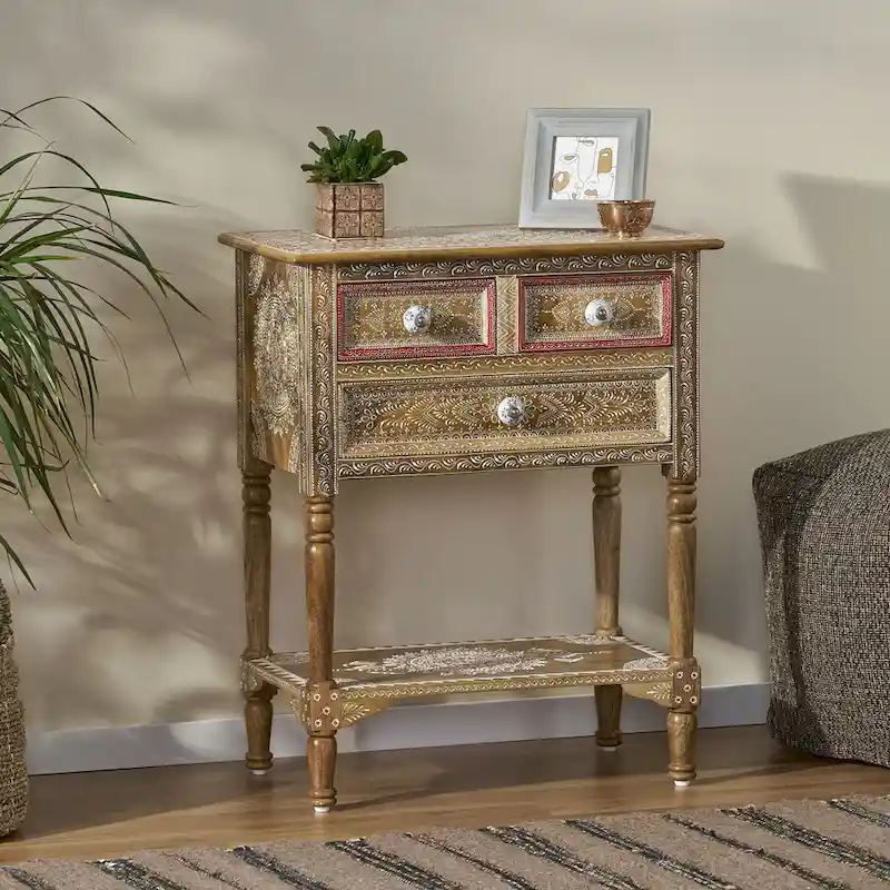 23.75 Modern Wooden End Table with Three Drawers and Open Bottom Shelf for Living Room or Bedroom