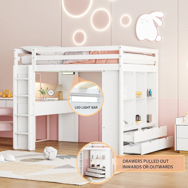 White Full Size Solid Wood Loft Bed with Shelves, Writing Desk and LED Light