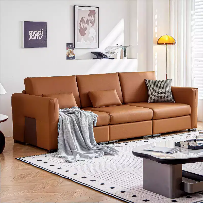 ATJafurn 108.7 Orange Leather Sofa with Wide Square Arms, Mid Century Modern 4 Seater Upholstered Couch with Metal Legs 3 Pillows, For Living Room