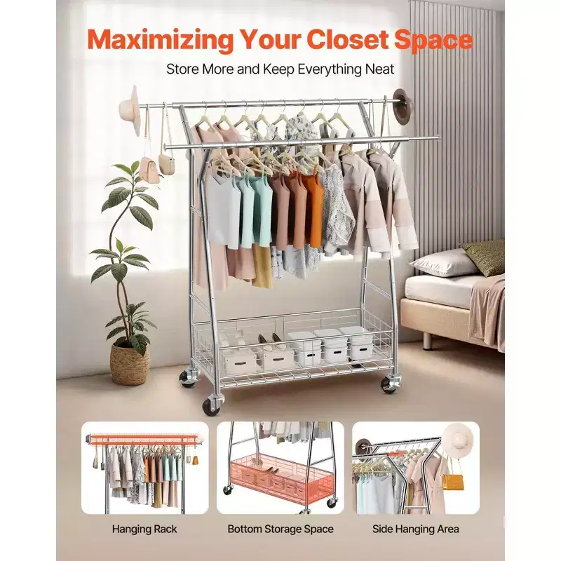 VIYET Heavy Duty Rolling Clothes Rack-Carbon Steel, 2 Hanging Rods, Storage Basket, 330LBS Load, Extendable