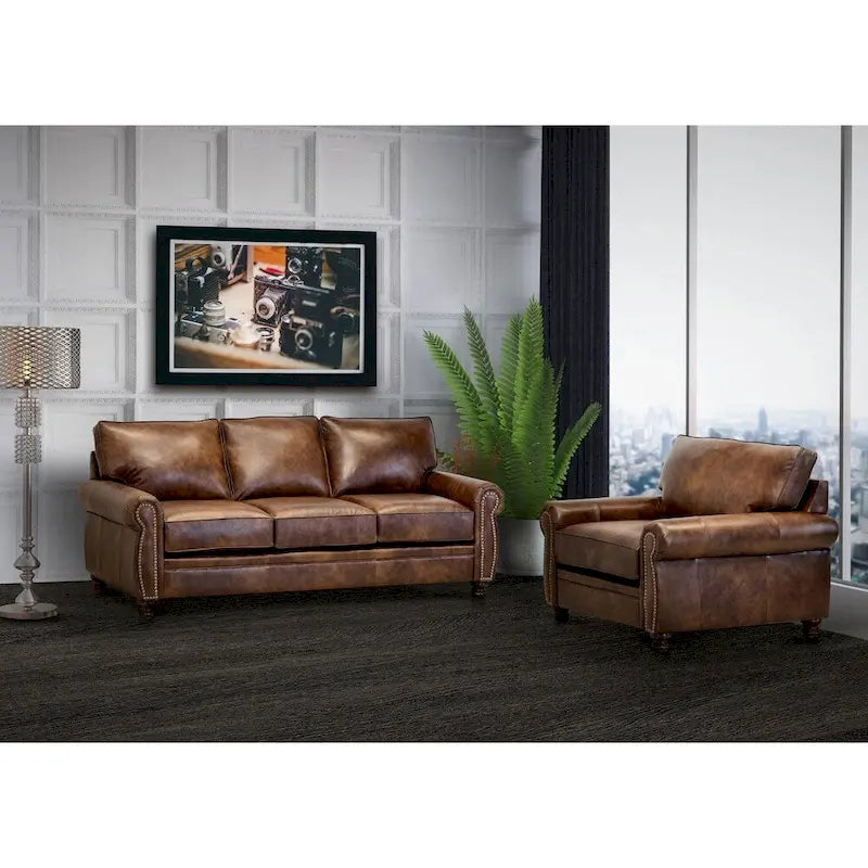 Made in USA Cabot Brown Top Grain Leather Sofa and Chair Set