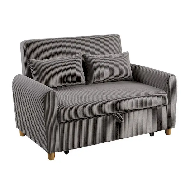 Tina 54 Inch Convertible Sleeper Loveseat, Round Arms, 2 Pillows, Brown