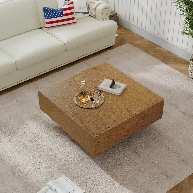 35.43 Square Wood Coffee Table with 2 Drawers, Brown Wood Texture - 35.43