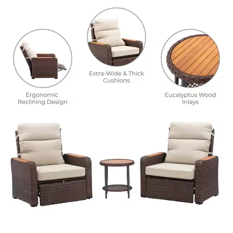 Teamson Home - Outdoor 3 Piece Wicker Recliner Set with Wood Armrests and Cushions