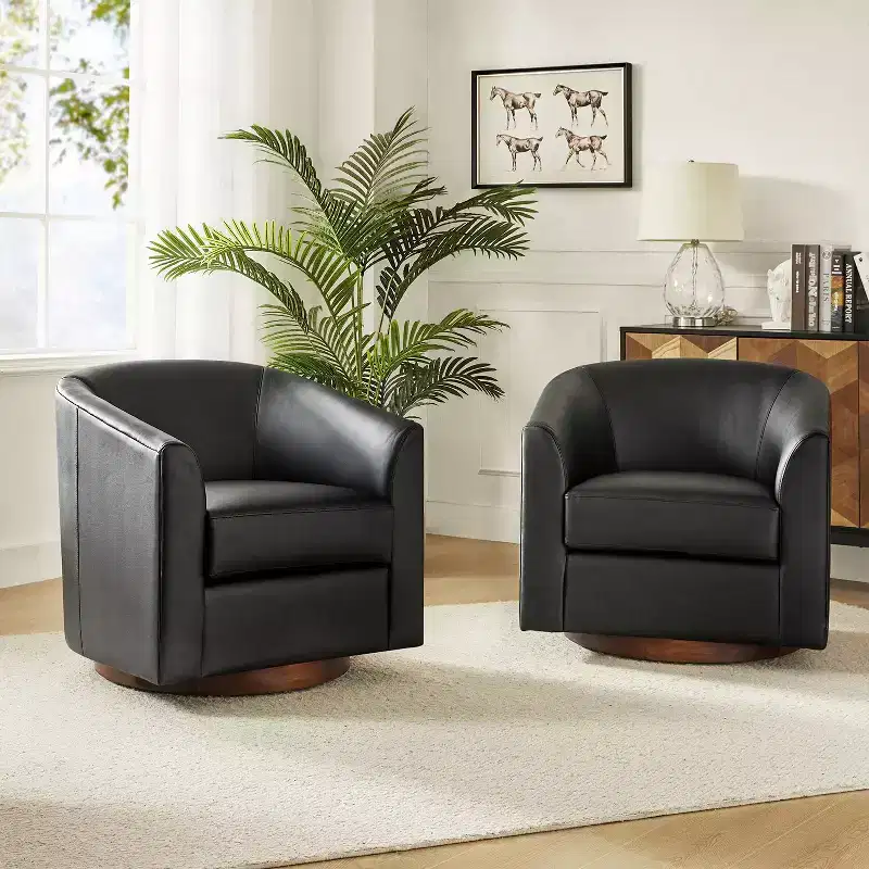 Set of 2 Modern Swivel Barrel Faux Leather Chair with Solid Wood Base, 30.5" Wide