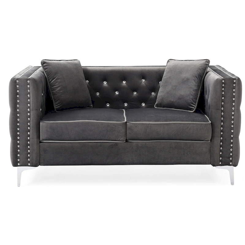 Tufted Nailhead Trim Velvet 2-Seater Sofa with Throw Pillows - 63 - Gray