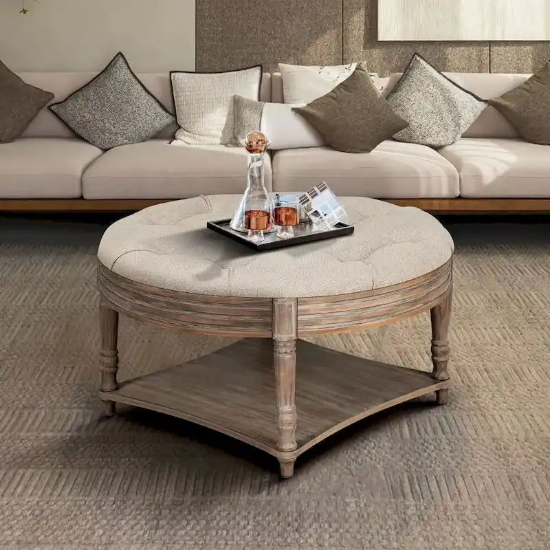 2 Tier Button Tufted Ottoman Round Coffee Table