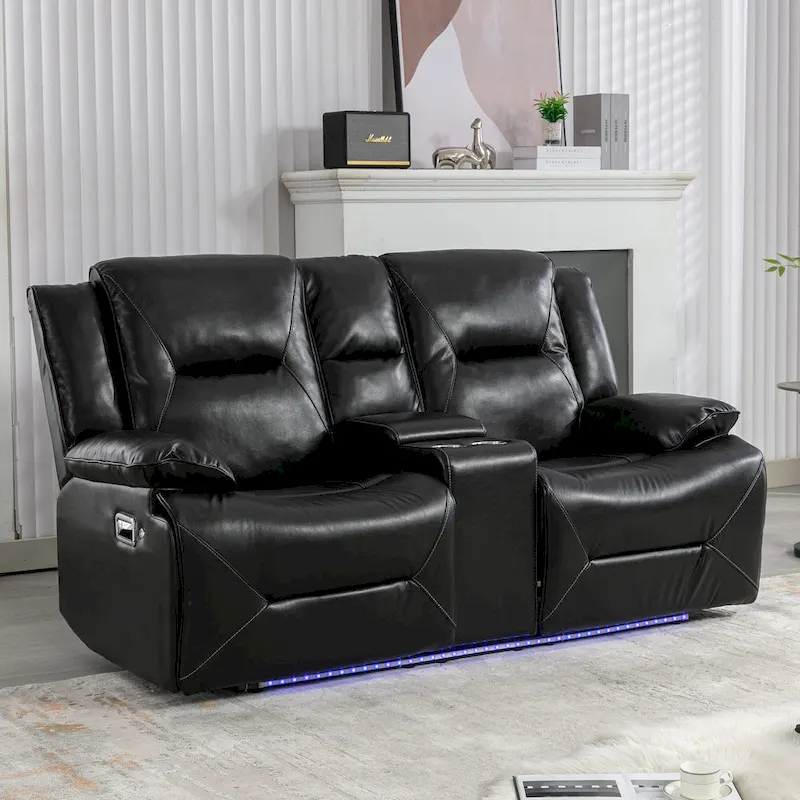 2-Seater Home Theater Recliner with LED Light Strip, Cup Holders & Storage Box