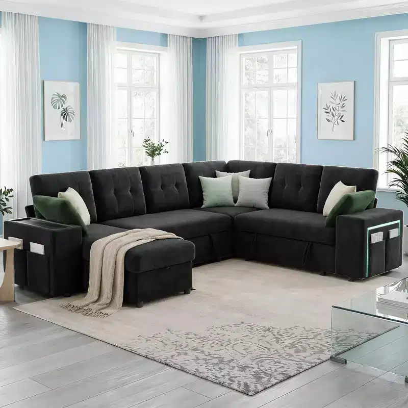 Dyonery 112 Modular Convertible Sectional Sleeper Sofa with Pull Out Bed,Linen Convertible Couch with Storage Seat,Sectional Couches for Living Room