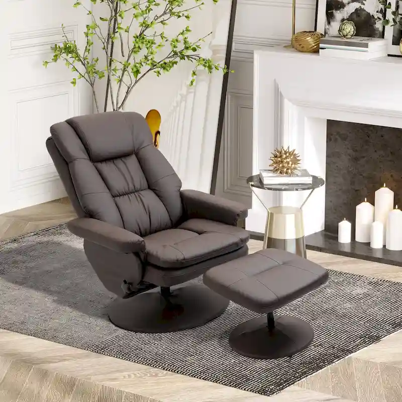 HOMCOM Recliner and Ottoman with Wrapped Base, Swivel PU Leather Reclining Chair with Footrest for Living Room