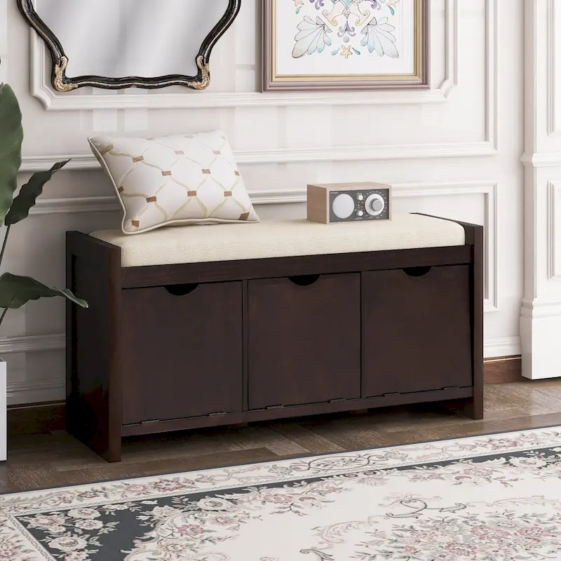 Storage Bench with Removale Cushion and 3 Flip Lock Storage