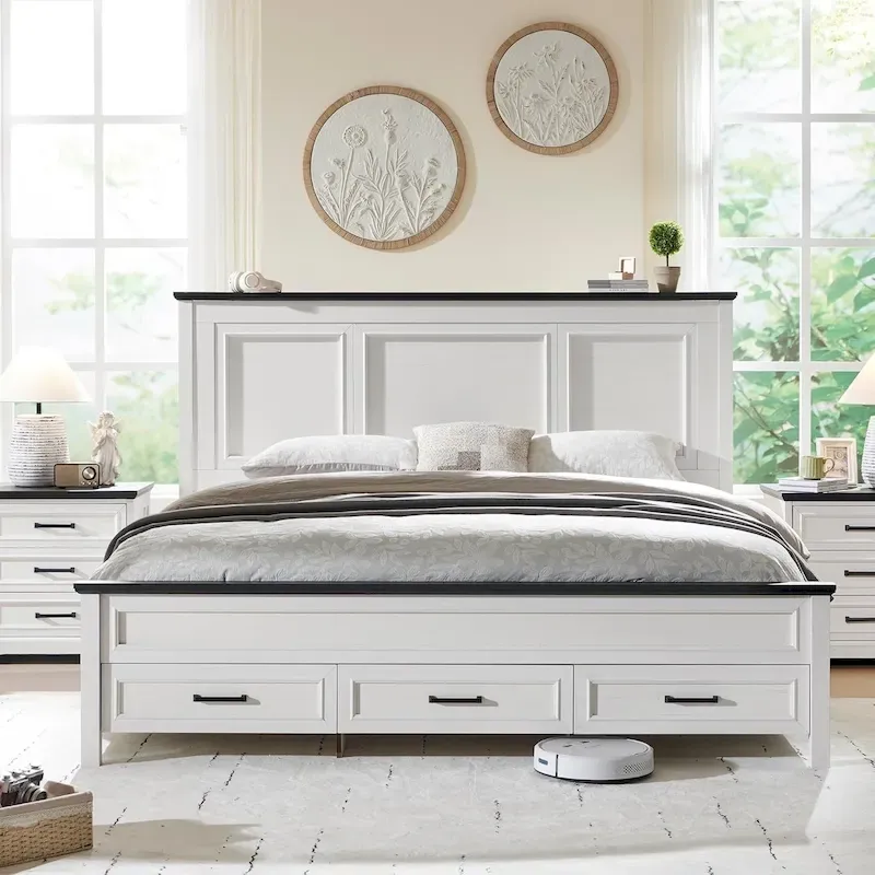 Farmhouse King Wood Bed Frame with Headboard, Platform Bedframe