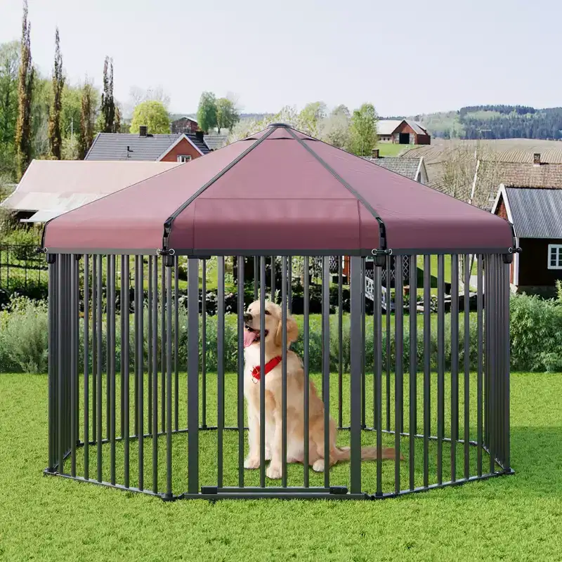 Foldable Outdoor Dog Kennel with Roof, Heavy Duty Hexagonal Metal Pet Playpen, Lockable Gate & Weatherproof Canopy for Backyard, Patio