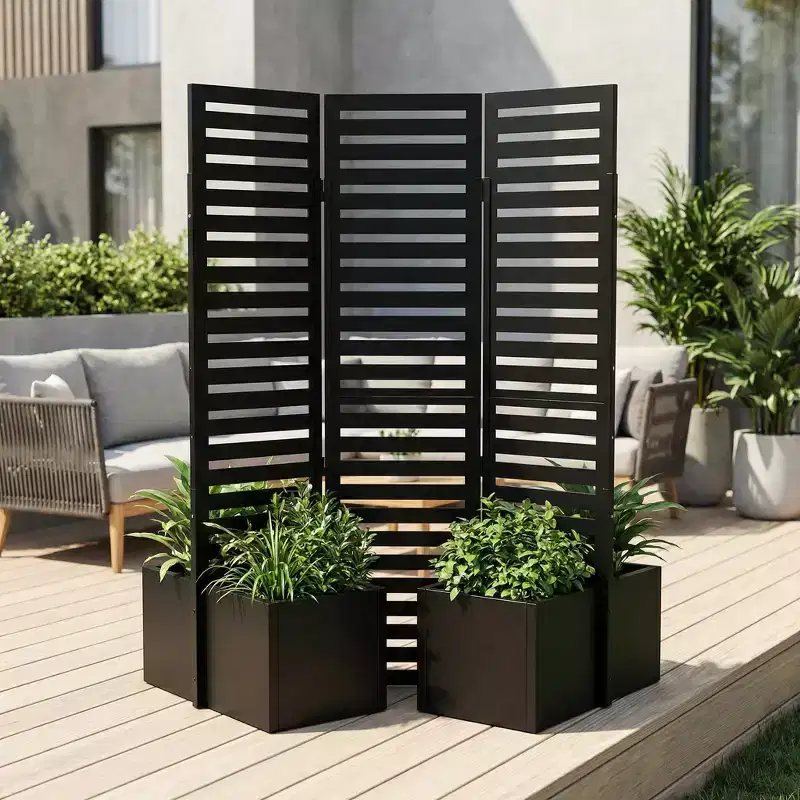 Outdoor Privacy Screen with Planter, 3-Panel Independent Garden Partition Fence, With Draining Raised Flower Beds, Suitable for Terraces, Balconies