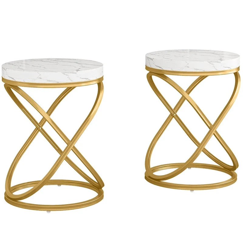Round End Table Set of 2, White+Gold / Brown+Black, Metal Frame