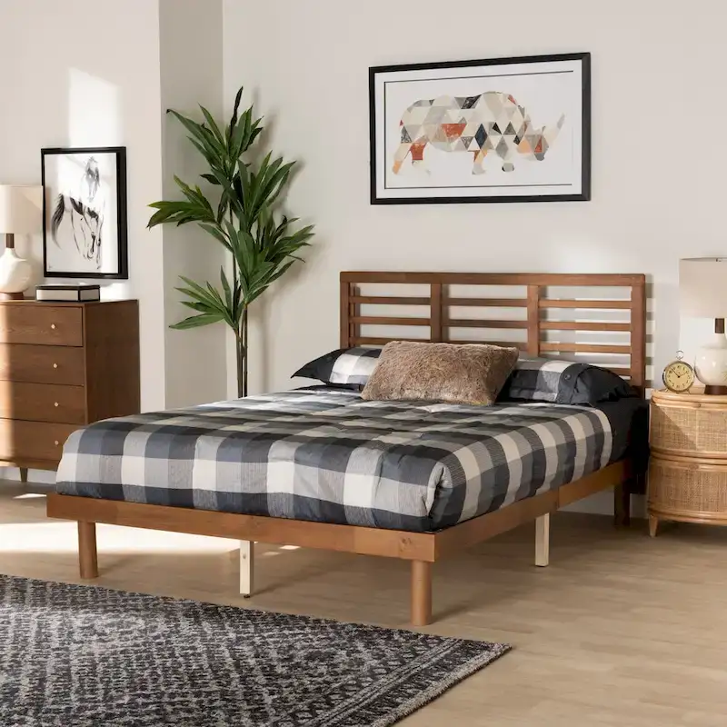 Ash Walnut Mid-Century Slatted Headboard Low Platform Bed �?Full / Queen / King