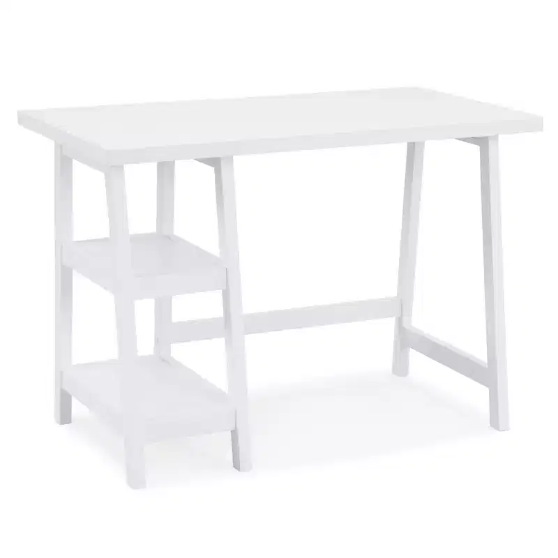 Contemporary Wood Writing Desk with Open Shelves, White