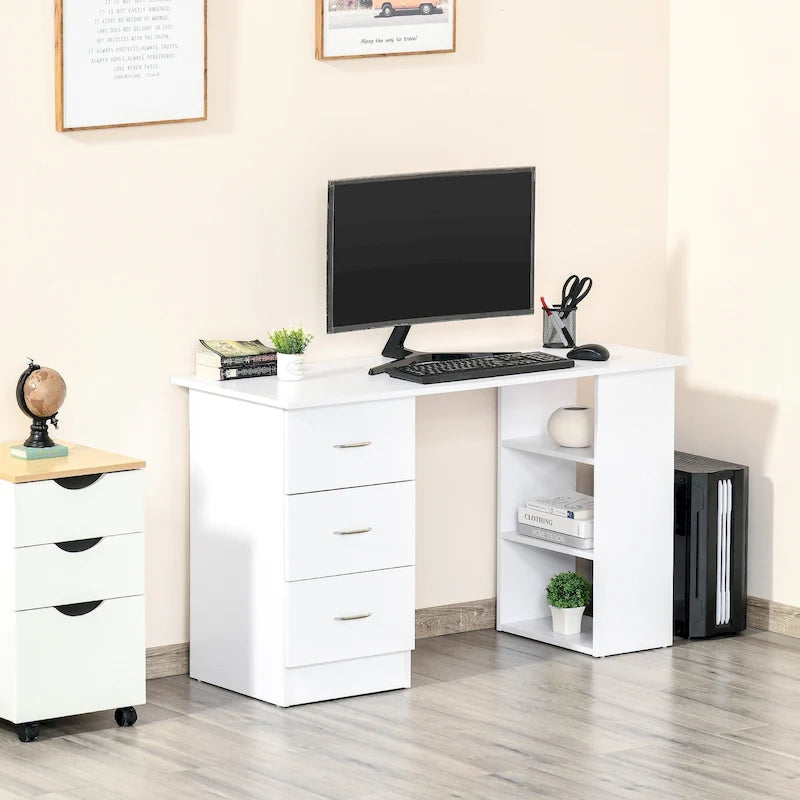 Modern Computer Office Desk with Reversible Storage Drawers and Shelves for Home Office and Dorm or Apartment Use
