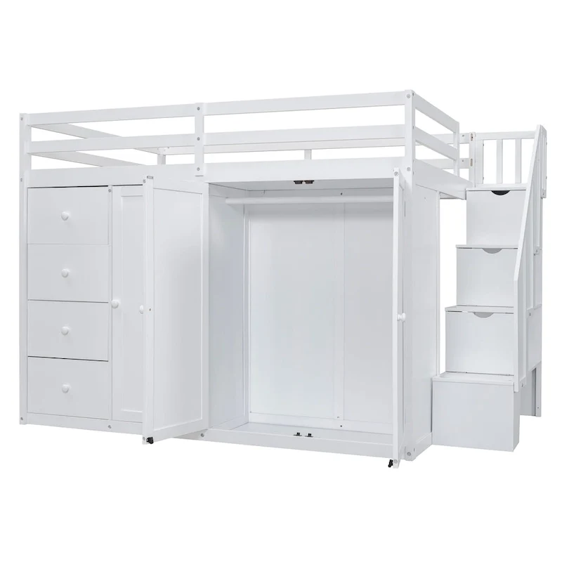 White Full Size Wood Loft Bed with Built-in Wardrobes, Cabinets and Storage Staircase