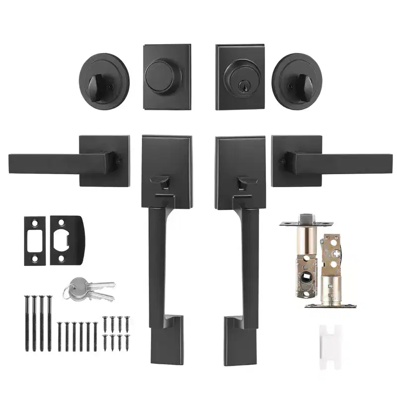 VEVOR Double Door Handle Set, Matte Black Square Door Lever, Double Front Door Handle Set with Reversible Handle Lever, Black