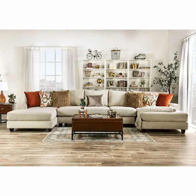 Pluttnam Transitional Tan Microfiber U-Shaped Sectional by Furniture of America
