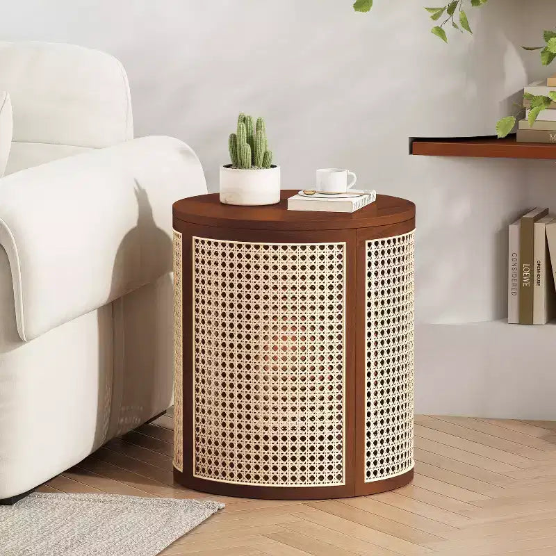 15.70-inch Round Accent Table, Openwork Weave Rubberwood Nightstand, Rattan Coffee Table, Dark Brown