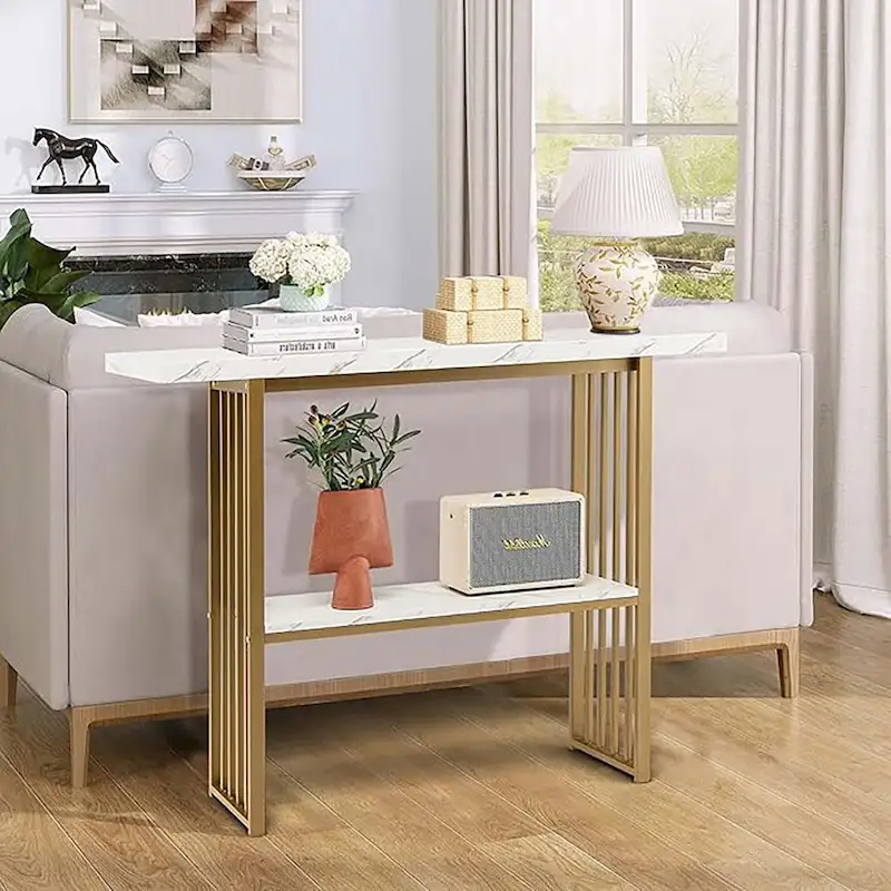 White & Gold 2-Tier Narrow Console Table, 2-Person Capacity