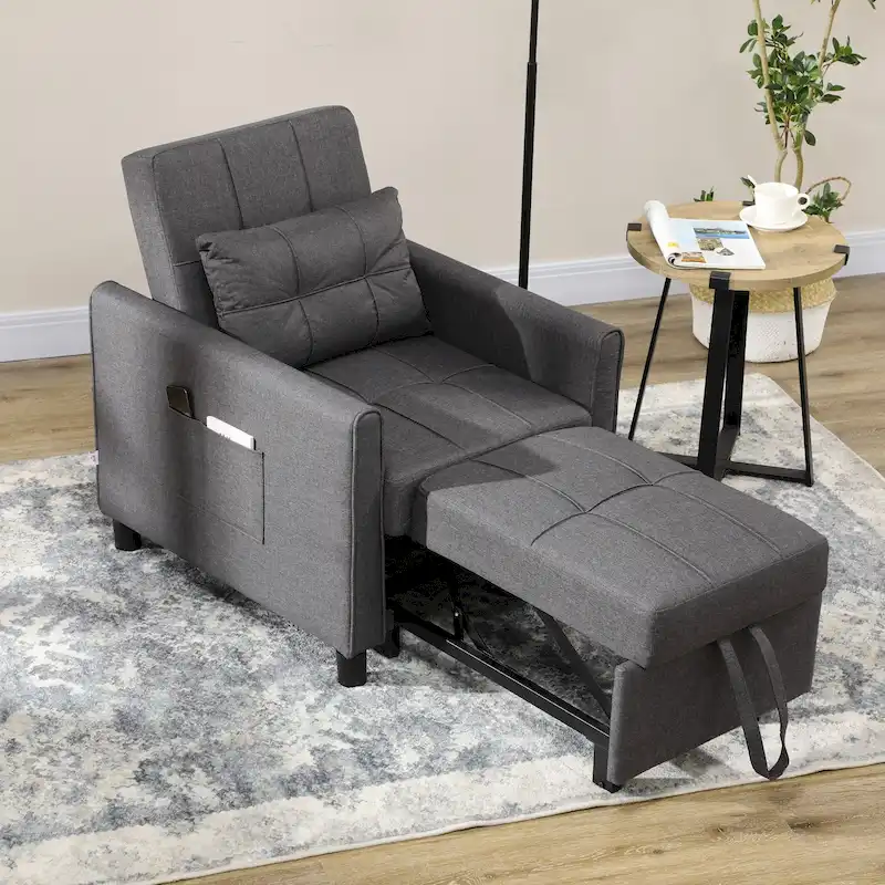 HOMCOM 3-in-1 Convertible Chair Bed, Multi-Functional Single Sofa Bed, Pull Out Sleeper Chair with Adjustable Backrest, Pillow