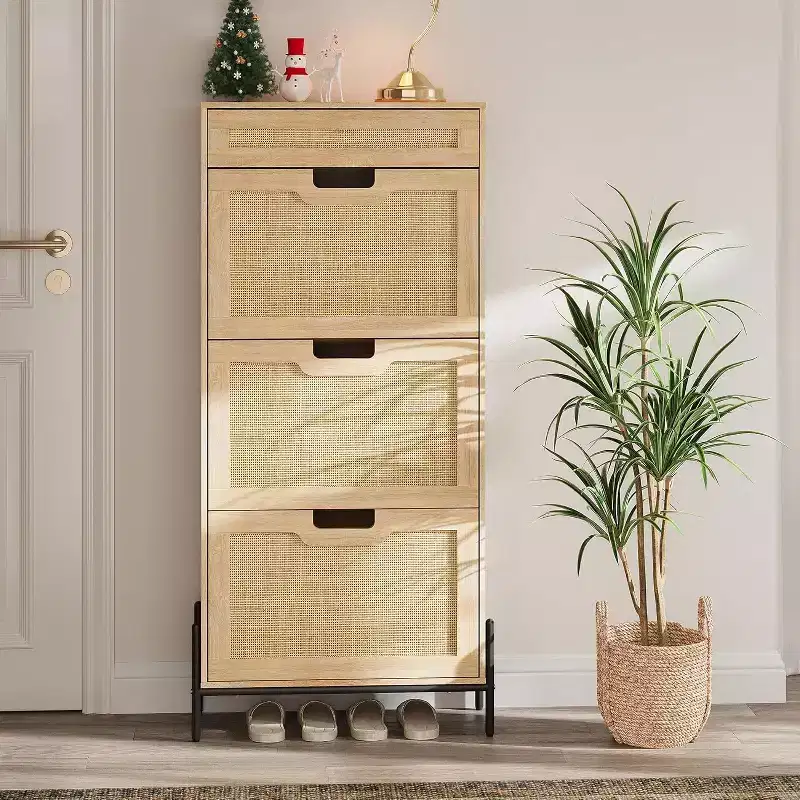 Natural Rattan 3 Flip-Door Shoe Cabinet with 1 Drawer & 3-Tier Adjustable Shelves, Freestanding Storage Organizer for Entryway, Hallway & Living Room