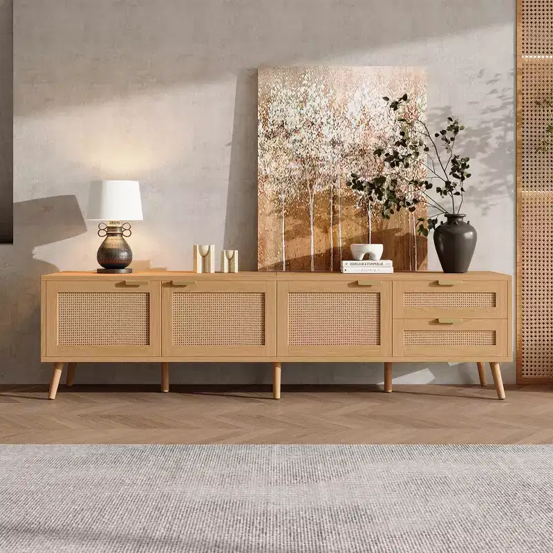 70" TV Stand with Rattan-Weave Doors & 2 Drawers – Fits 80" TV, Cable Management