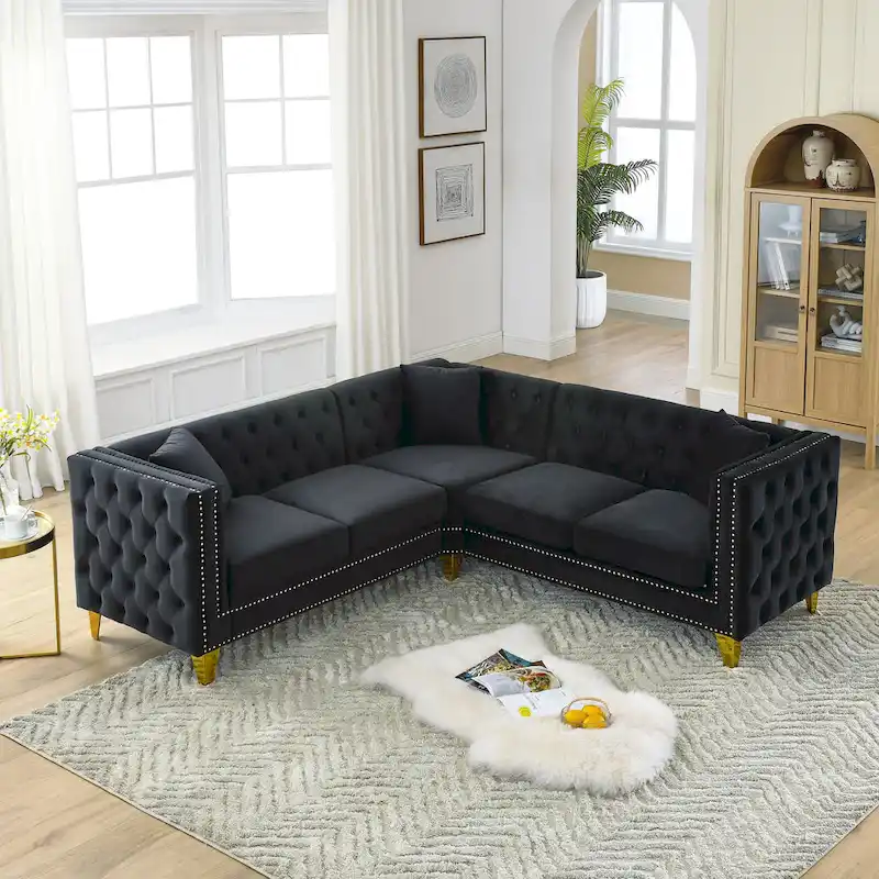Black 82.2  Velvet Chesterfield L-Shaped Sofa for 5 with Nailhead Trim and Tufted Cushions