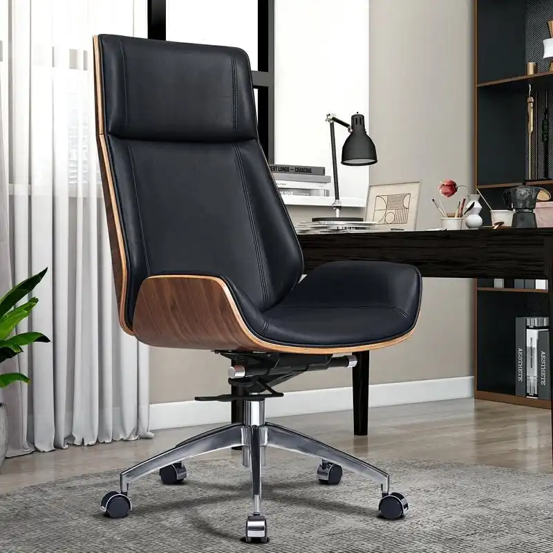 Black Leather High-Back Executive Office Chair with Walnut Wood Accents