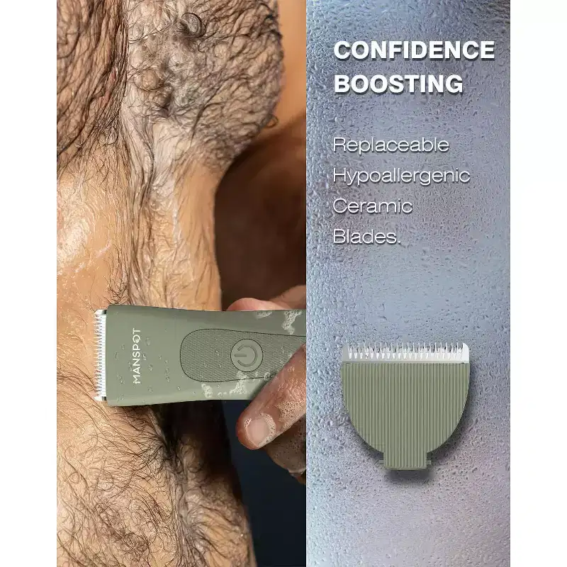 Manspot trimmer for men, electric trimmer for body & public hair, waterproof wet/dry groin shaver, green