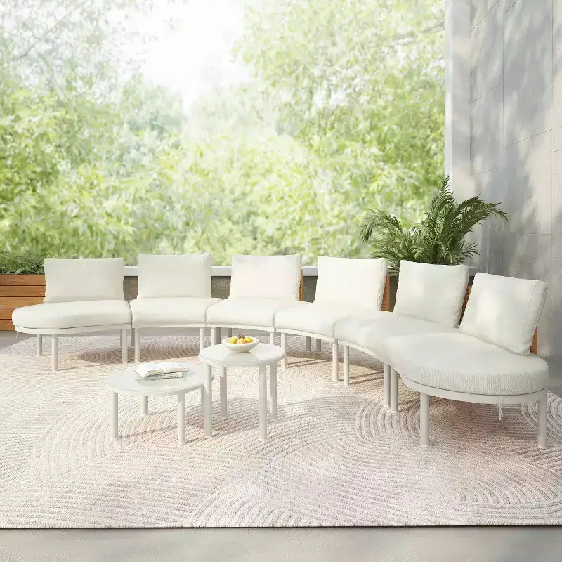 MAYEERTY 8 Pieces Patio Sofa Furniture Set, Half Moon Outdoor Sectional Sofa with 2 High-Low Coffee Tables 6 Pillows & Cushions Beige