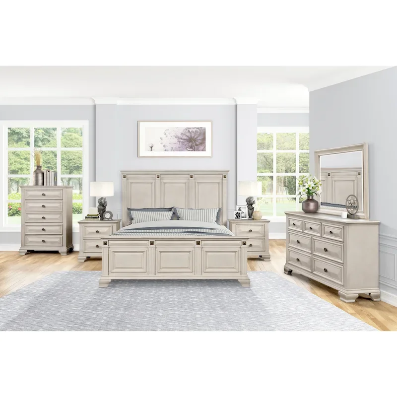 Roundhill Furniture Renova Distressed Parchment Wood Bedroom Set